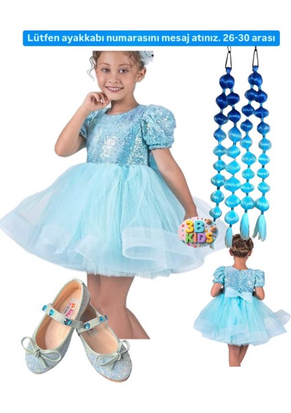 Payet Elsaa Prenses Mavi Kabarık Elbise 2 Adet Mavi Bubble Saç Mavi Fiyonklu Babet Seti