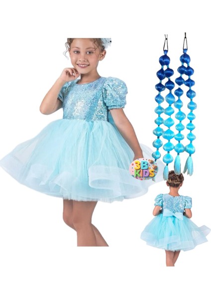 Payet Elsaa Prenses Mavi Kabarık Elbise 2 Adet Mavi Bubble Saç Mavi Fiyonklu Babet Seti fiyatları