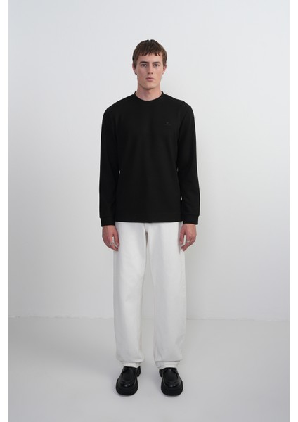Erkek Göğüs Nakışlı Bisiklet Yaka Siyah Sweatshirt fiyatları