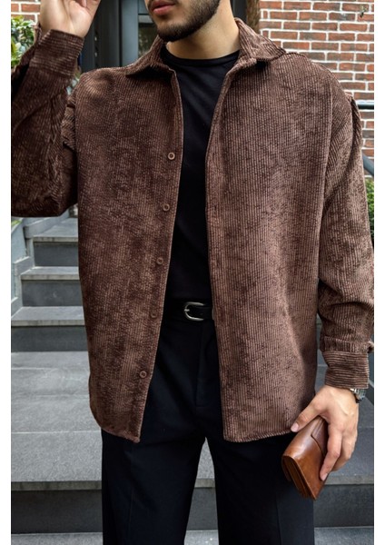 Yotau Erkek Oversize Fit Kadife Uzun Kollu Gömlek Ceket