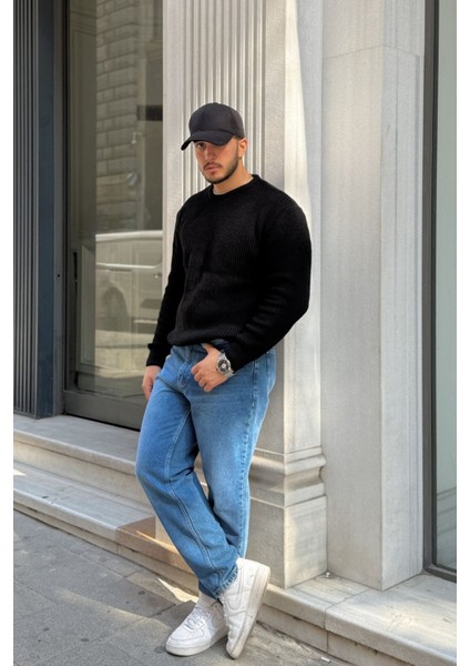 Koba Erkek Selanik Örgü Oversize Bisiklet Yaka Kalın Kazak