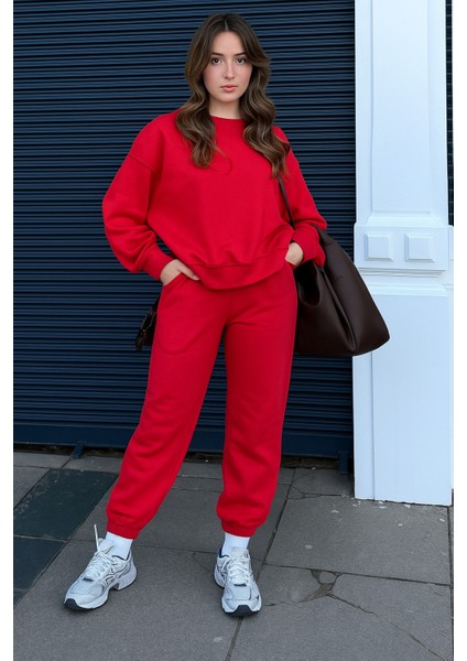Şardonlu 3 Iplik Kumaş Bisiklet Yaka Sweatshirt ve Bel Lastikli Pantolon Takım