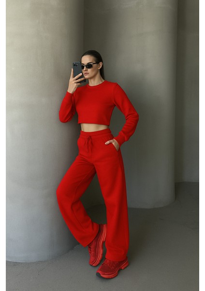 Şardonlu 3 Iplik Kumaş Crop Sweatshirt ve Bel Lastikli Pantolon Takım