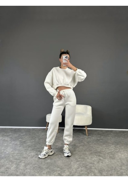 Şardonlu 3 Iplik Kumaş Crop Sweatshirt ve Bel Lastikli Pantolon Takım