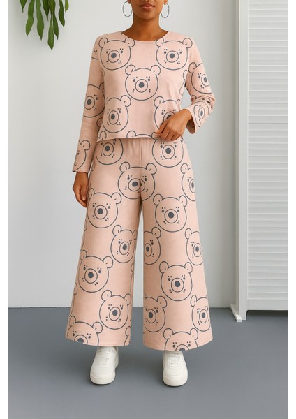 Pembe Pamuklu Penye Crop Üst ve Beli Lastikli Bol Paça Pantolon Ikili Takım - Normal ve Büyük Beden
