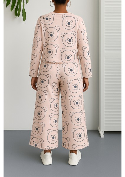 Pembe Pamuklu Penye Crop Üst ve Beli Lastikli Bol Paça Pantolon Ikili Takım - Normal ve Büyük Beden fiyatları