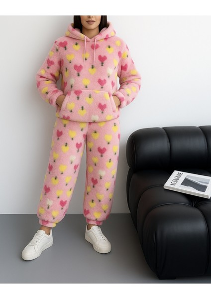 Kalın Peluş Kumaş Kapüşonlu Sweatshirt ve Bel Lastikli Pantolon Sıcak Tutan Ikili Takım
