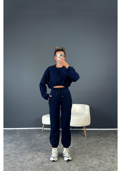 Şardonlu 3 Iplik Kumaş Crop Sweatshirt ve Bel Lastikli Pantolon Takım