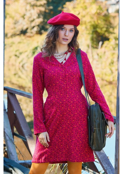 Hakim Yaka Düğme Detaylı Bağlamalı Fuşya Pazen Elbise