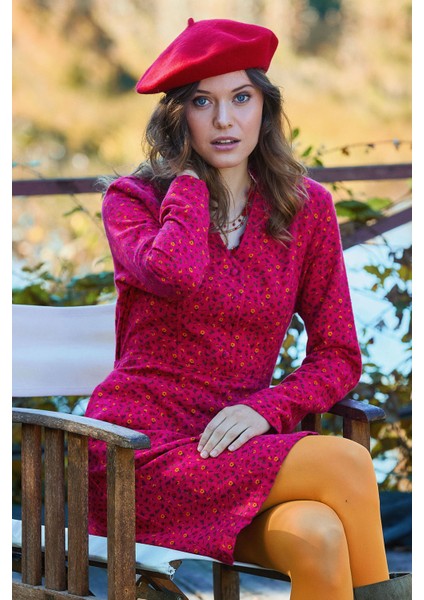 Hakim Yaka Düğme Detaylı Bağlamalı Fuşya Pazen Elbise fiyatları