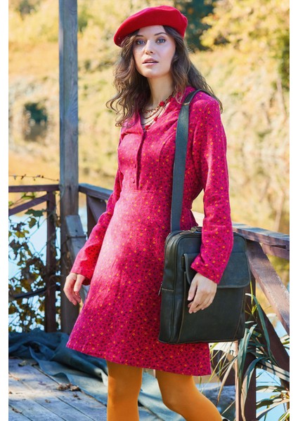 Hakim Yaka Düğme Detaylı Bağlamalı Fuşya Pazen Elbise fırsatları