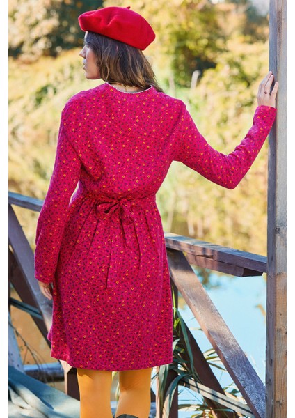 Hakim Yaka Düğme Detaylı Bağlamalı Fuşya Pazen Elbise indirimleri