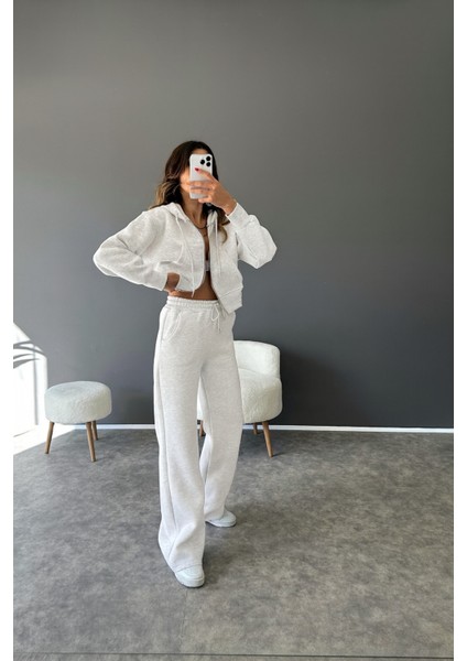 Şardonlu 3 Iplik Kumaş Kapüşonlu Crop Ceket ve Bel Lastikli Pantolon Takım
