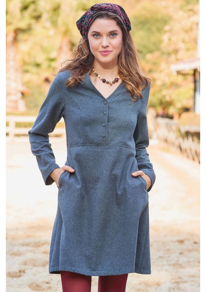 Hakim Yaka Düğme Detaylı Bağlamalı Uzun Kollu Elbise fırsatları