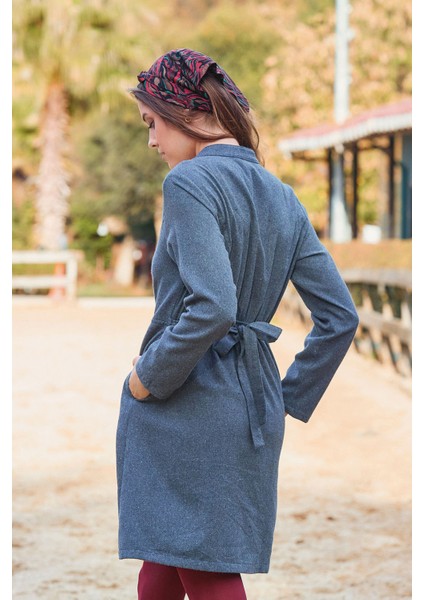 Hakim Yaka Düğme Detaylı Bağlamalı Uzun Kollu Elbise indirimleri