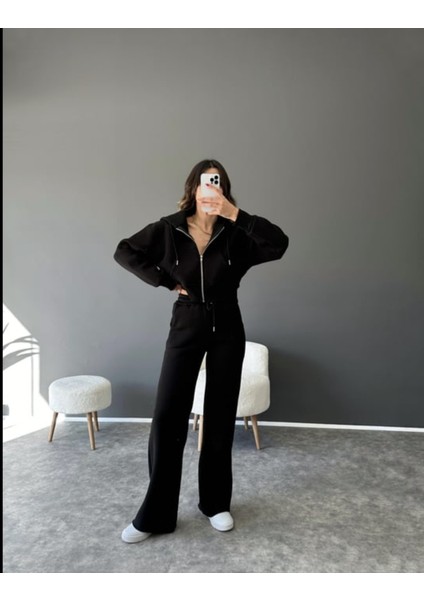 Şardonlu 3 Iplik Kumaş Kapüşonlu Crop Ceket ve Bel Lastikli Pantolon Takım