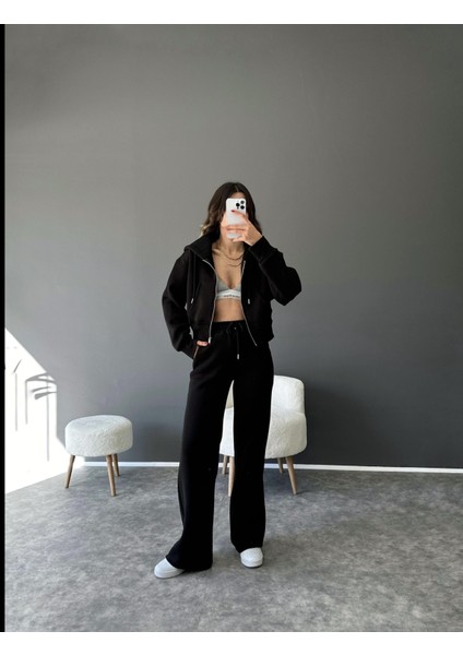 Şardonlu 3 Iplik Kumaş Kapüşonlu Crop Ceket ve Bel Lastikli Pantolon Takım fiyatları