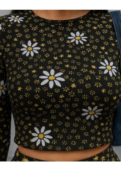 Siyah Sarı Çiçek Desenli Pamuk Fitilli Rahat ve Şık Crop Top Üst ve Alt Ikili Takım Günlük modelleri