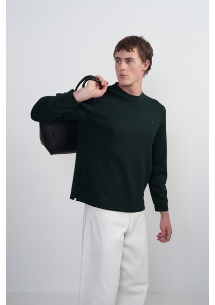 Erkek Göğüs Nakışlı Bisiklet Yaka Yeşil Sweatshirt