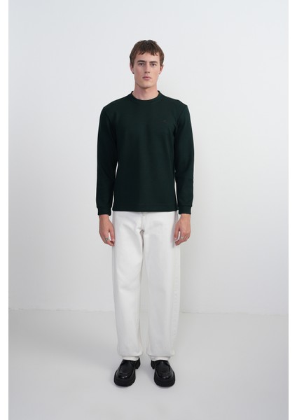 Erkek Göğüs Nakışlı Bisiklet Yaka Yeşil Sweatshirt modelleri