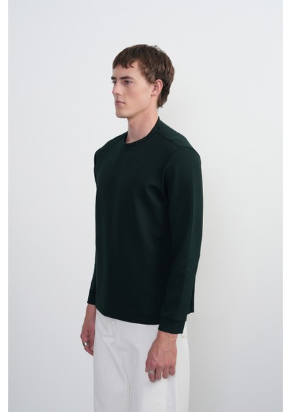 Erkek Göğüs Nakışlı Bisiklet Yaka Yeşil Sweatshirt