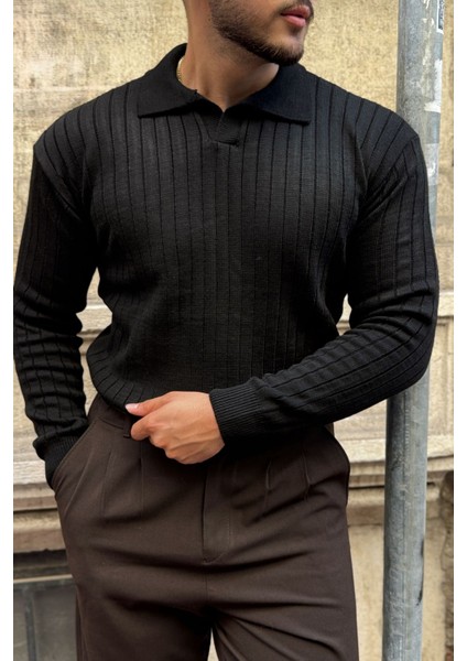 Kimi Fitilli Erkek Triko Polo Yaka Regular Kalıp Uzun Kollu Tişört