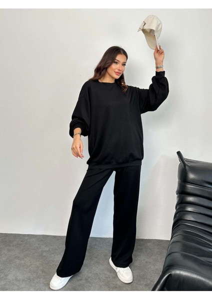 Siyah Modal Kumaş Bisiklet Yaka Sweatshirt ve Bol Paça Pantolon Takım - Normal ve Büyük Beden