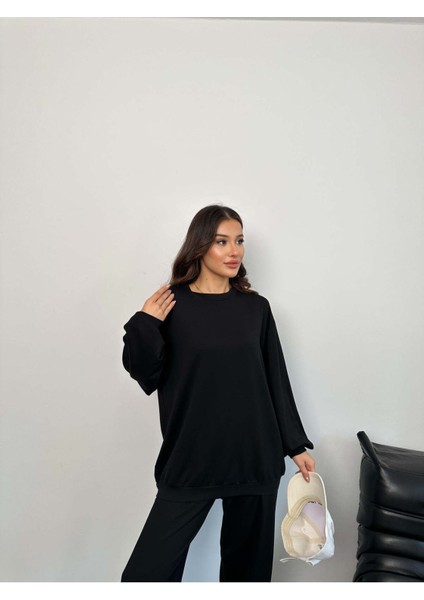 Siyah Modal Kumaş Bisiklet Yaka Sweatshirt ve Bol Paça Pantolon Takım - Normal ve Büyük Beden fiyatları