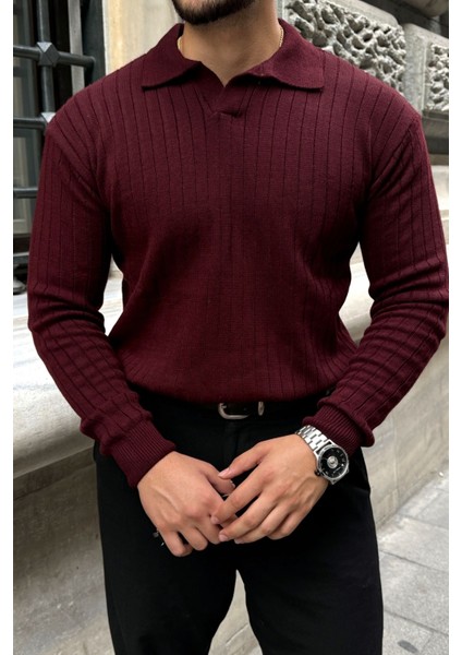 Kimi Fitilli Erkek Triko Polo Yaka Regular Kalıp Uzun Kollu Tişört