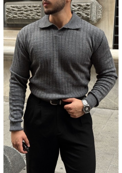 Kimi Fitilli Erkek Triko Polo Yaka Regular Kalıp Uzun Kollu Tişört