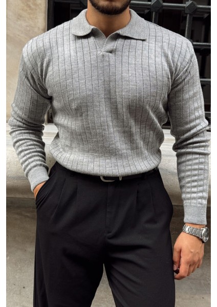 Kimi Fitilli Erkek Triko Polo Yaka Regular Kalıp Uzun Kollu Tişört