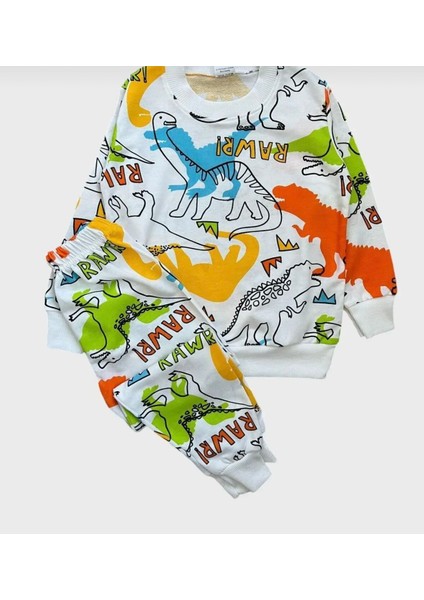 Erkek Çocuk Dinozor Baskılı %100 Pamuk Mevsimlik Pijama Takımı