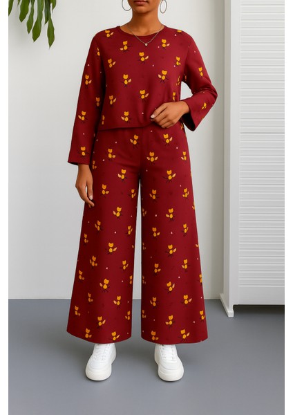 Kırmızı Pamuklu Crop Üst ve Beli Lastikli Bol Paça Pantolon Ikili Takım,normal ve Büyük Beden