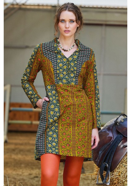 Hakim Yaka Düğme Detaylı Bağlamalı Uzun Kollu Elbise fiyatları