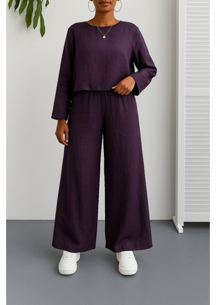 Mürdüm Pamuklu Penye Crop Üst ve Beli Lastikli Bol Paça Pantolon Ikili Takım - Normal ve Büyük Beden