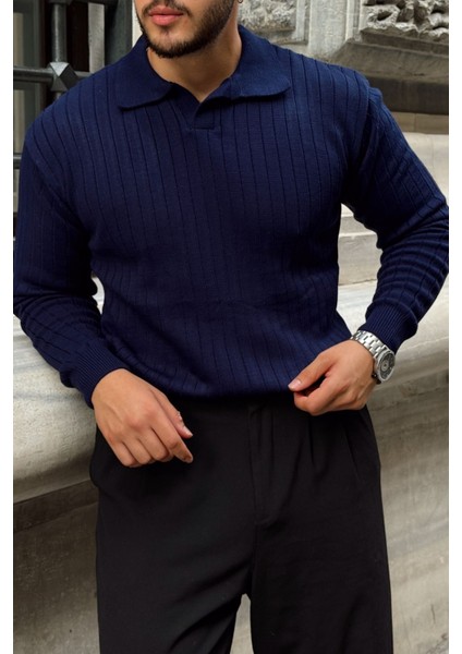 Kimi Fitilli Erkek Triko Polo Yaka Regular Kalıp Uzun Kollu Tişört