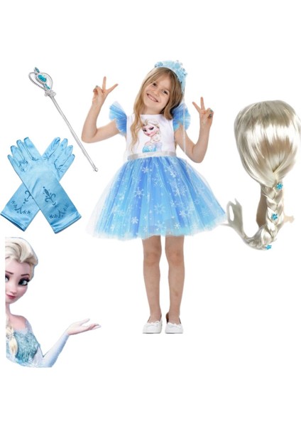 Elsa Anna Karlarülkesi Kostüm Elbise + Elsa Peruk + Elsa Taç - Asa + Elsa Eldiven Seti Doğum Günü