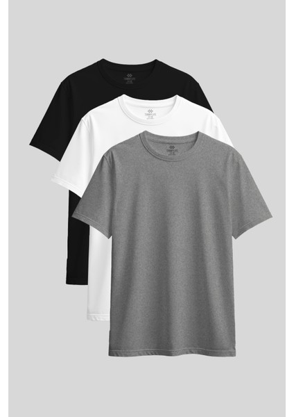 Standart Fit Basic O Yaka 3lü Paket Siyah-Beyaz-Gri Melanj Kadın T-Shirt - 97311