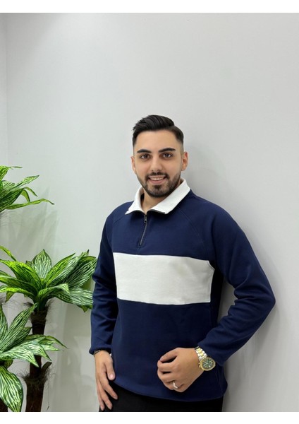 Erkek Yeni Sezon Parçalı Regular Kalıp Fermuarlı Sweatshirt Tüylenme Renk Solması Yapmaz