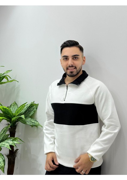 Erkek Yeni Sezon Parçalı Regular Kalıp Fermuarlı Sweatshirt Tüylenme Renk Solması Yapmaz