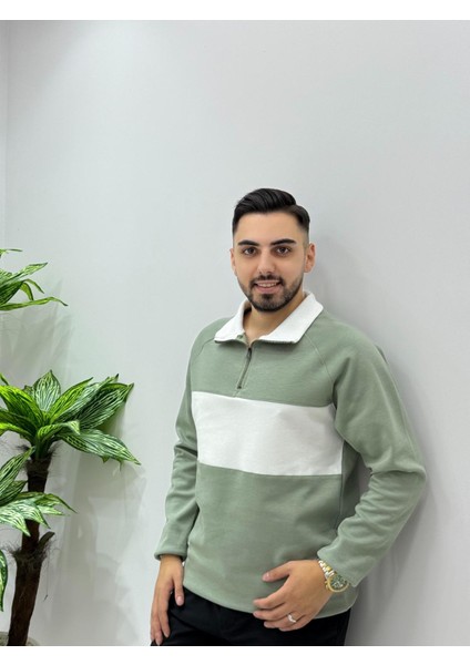 Erkek Yeni Sezon Parçalı Regular Kalıp Fermuarlı Sweatshirt Tüylenme Renk Solması Yapmaz