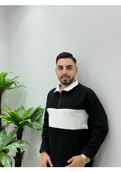 Erkek Yeni Sezon Parçalı Regular Kalıp Fermuarlı Sweatshirt Tüylenme Renk Solması Yapmaz