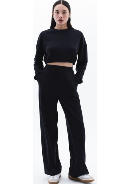 Siyah Modal Kumaş Bisiklet Yaka Sweatshirt ve Bol Paça Pantolon Takım - Normal ve Büyük Beden