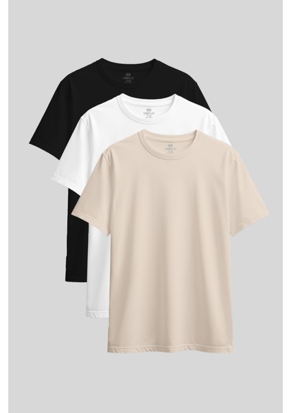 Standart Fit Basic O Yaka 3lü Paket Siyah-Beyaz-Bej Kadın T-Shirt - 97311