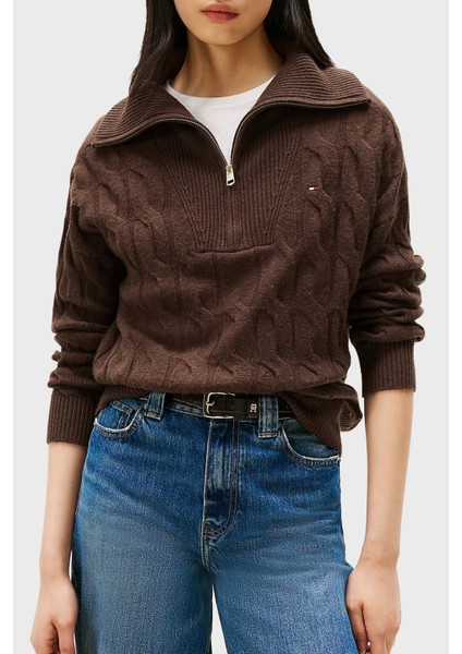 % 100 Yün Relaxed Fit Yarım Fermuarlı Dik Yaka Örgü Kazak Bayan Kazak WW0WW46425 Gv0