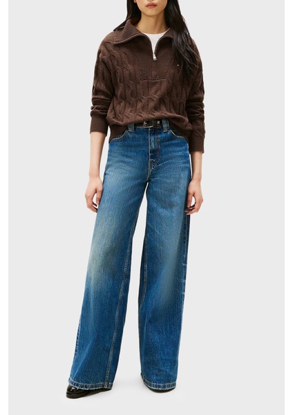 % 100 Yün Relaxed Fit Yarım Fermuarlı Dik Yaka Örgü Kazak Bayan Kazak WW0WW46425 Gv0 fiyatları