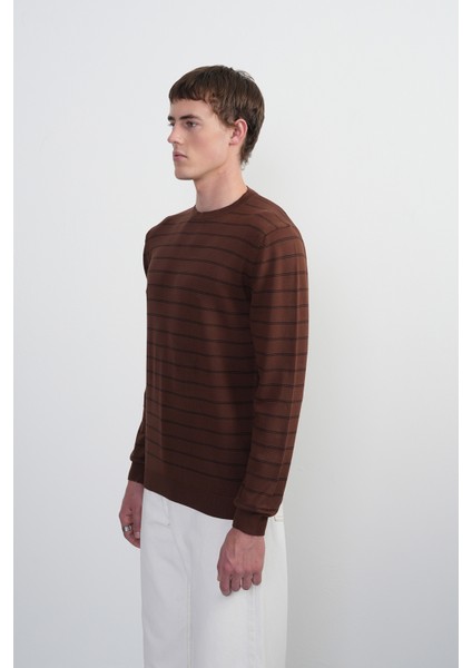 Erkek Çizgili Bisiklet Yaka Salaş Kahve Sweatshirt fiyatları