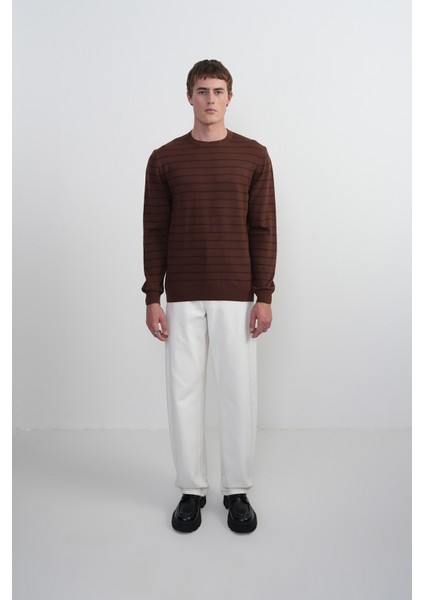 Erkek Çizgili Bisiklet Yaka Salaş Kahve Sweatshirt modelleri
