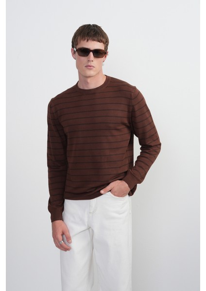 Erkek Çizgili Bisiklet Yaka Salaş Kahve Sweatshirt indirimleri