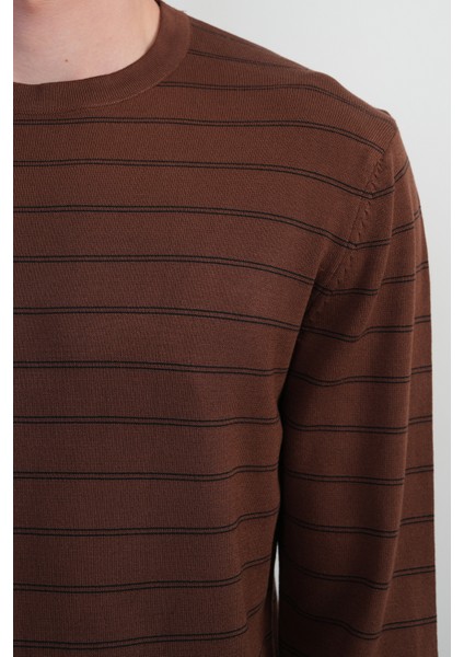 Erkek Çizgili Bisiklet Yaka Salaş Kahve Sweatshirt